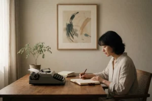 A serene, elegant office interior with soft natural light, featuring a wooden desk with a vintage typewriter, a small potted plant, and a framed artwork on the wall depicting abstract brushstrokes in muted tones. A person in a light linen shirt sits quietly writing in a leather-bound journal, exuding calm focus. The atmosphere is warm, minimalist, and timeless — evoking the quiet beauty of purposeful work.