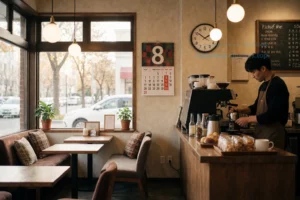 A warm, inviting coffee shop interior with a cozy seating area, a barista preparing coffee, a large window with natural light, a calendar on the wall highlighting November 8, and a clock showing 5:00 PM. The scene should convey a relaxed, event-ready atmosphere without any visible text or numbers in the image.