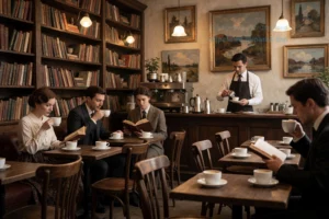 A cozy art café interior with bookshelves filled with books, coffee cups on wooden tables, elegant ladies and gentlemen in vintage-inspired clothing sipping coffee and reading, soft warm lighting, artistic paintings on the walls, a barista serving espresso, a relaxed intellectual atmosphere, no text or signage visible