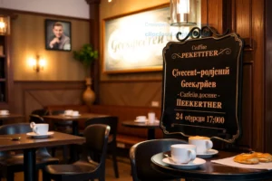 Ивент-кофейня Секретер: — 24 октября в 17:00 A cozy event café named 'Секретер' with warm lighting, wooden tables, coffee cups, pastries, and subtle Cyrillic signage reading 'Ивент-кофейня Секретер' and '24 октября в 17:00' displayed on a chalkboard or elegant wooden plaque, soft ambient glow, inviting atmosphere, no visible text beyond the specified signage