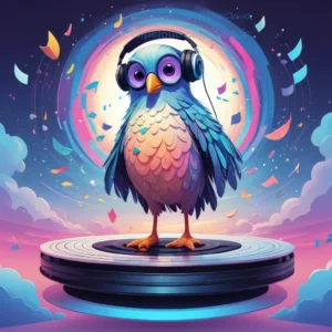 A stylized illustration of a bird with a human-like personality, wearing a small DJ headset and standing on a vinyl record, surrounded by floating musical notes and abstract sound waves in a vibrant, surreal sky with soft clouds and twilight colors