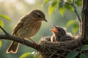 Птичья Личность: А МАТЬ ЗНАЕТ? A thoughtful mother bird perched on a tree branch, looking gently at her chick in the nest below, soft morning light filtering through leaves, natural forest setting, detailed feathers and expressions, warm and tender atmosphere