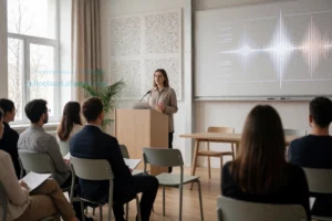 A modern lecture hall interior with a female speaker, Ani Sarkisyanets, standing at a podium delivering a talk on acoustics in contemporary design, surrounded by acoustic panels, soundwave visualizations, and minimalist Scandinavian-inspired furniture, soft natural lighting from large windows, diverse audience seated in modern chairs, focus on speaker with shallow depth of field