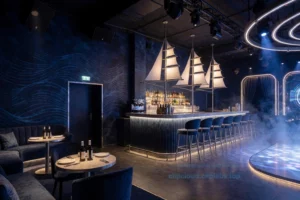 A modern nightclub interior named 'Мачты' with a nautical theme, featuring a sleek bar area with ship mast-inspired lighting fixtures, dark blue and silver color scheme, subtle wave patterns on walls, ambient LED lighting, and a VIP lounge section with plush seating. The atmosphere is energetic yet sophisticated, with a dance floor visible in the background and soft fog effects. No text, letters, or digits should appear in the image.