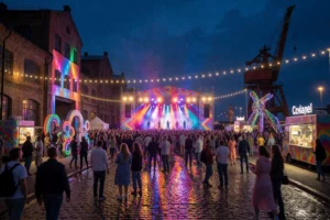 A vibrant Saturday night at Sevkabel Port in St. Petersburg, featuring a lively music festival with colorful stage lights, crowds of people dancing and enjoying live performances, industrial port architecture blended with modern festival installations, string lights overhead, reflections on wet cobblestones from recent rain, food trucks, art installations, and a festive atmosphere under a twilight sky — no text, no logos, no watermarks