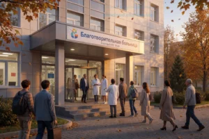 Благотворительная больница: в субботу, 10 октября, в 18:00 включайте «Маяк»: эфир програм «Адреса Милосердия» будет посвящен уличной медицине. A modern charitable hospital exterior on a Saturday evening at 18:00, with warm golden-hour lighting, people of diverse ages and backgrounds entering through the main doors, medical staff in white coats greeting visitors, a banner in Russian reading 'Благотворительная больница' above the entrance, autumn trees with falling leaves surrounding the building, soft shadows and gentle atmosphere conveying compassion and community care