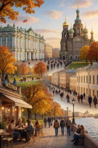 A vibrant autumn scene in Saint Petersburg, Russia, showcasing popular weekend destinations for October 23-25. Include iconic landmarks like the Hermitage Museum and Church of the Savior on Spilled Blood, along with cozy cafes, scenic parks with colorful fall foliage, and bustling pedestrian streets. Depict people enjoying cultural activities, walking along the Neva River embankment, and exploring historic neighborhoods. Use a warm, inviting atmosphere with golden hour lighting and crisp autumn