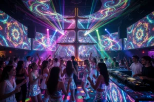Клуб "Мачты": 🤩 19 ОКТЯБРЯ | ПАЛУБА & KALEIDOSCOPE: лекция "В поисках своего звука" 🤩 19 ОКТЯБРЯ | ПАЛУБА & KALEIDOSCOPE: лекция "В поисках своего звука" A vibrant nightclub scene titled 'Клуб «Мачты»: 🤩 19 ОКТЯБРЯ | ПАЛУБА & KALEIDOSCOPE' featuring a dynamic dance floor with colorful laser lights, swirling kaleidoscopic patterns projected on walls and ceiling, a stylized ship mast structure as a central decorative element, crowds of diverse young people dancing energetically, futuristic fashion, glowing neon accents in electric blue, magenta, and cyan, a DJ booth with visible turntables and light effects, atmosphere of excitement and celebration