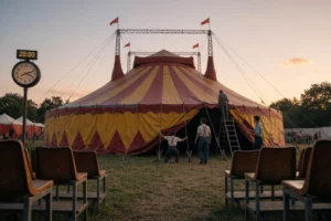 A theatrical scene with a circus tent being packed up and leaving, under a twilight sky, with a clock showing 20:00 and the date October 10th subtly visible on a poster or sign, empty stands in the foreground, soft golden hour lighting, cinematic atmosphere