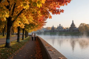 A peaceful autumn scene in Petrozavodsk on October 31st, showing the Onega River embankment with golden and red maple trees lining the water, a few people in light jackets walking along the path, distant view of the city's historic wooden architecture with church domes visible in the soft morning light, mist rising gently from the river, fallen leaves scattered on the pavement, no text or signs visible