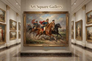 A grand interior of an art gallery titled 'Art Square Gallery' with elegant lighting, displaying a prominent painting titled 'Первая Конная' (The First Cavalry) depicting a dynamic scene of cavalry soldiers on horseback in motion, rendered in a realistic historical style with rich colors and dramatic lighting, surrounded by other classical artworks on the walls, polished marble floors, and subtle architectural details suggesting a prestigious cultural space