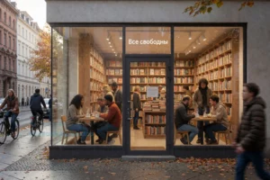 A cozy, modern bookstore named 'Все свободны' (All Free) in Berlin, with large glass windows showing a warm interior filled with wooden bookshelves, diverse people browsing books, a small café corner with steaming mugs, and Berlin street life visible outside — cyclists, autumn leaves, and historic facades. Soft natural light, inviting atmosphere, multicultural visitors, subtle German and Russian signage blend.