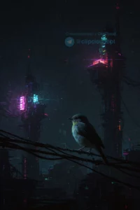 A dark, atmospheric night scene featuring a small bird perched on a wire or branch, illuminated by faint neon glows from distant cyberpunk-style structures, with a sense of distortion and digital glitch effects in the background, representing 'DARKNETIQ — ночь тёмной электроники, искажённ'
