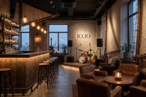 A cozy modern club interior named 'Мачты' with a warm ambient lighting, featuring a rustic wooden bar, vintage nautical decor including old ship masts as design elements, soft leather armchairs, and a small stage with musical instruments. The space has large windows showing a twilight cityscape, and a subtle sign on the wall reads '10.10' in elegant minimalist typography. The atmosphere is inviting and sophisticated, blending industrial and maritime themes.