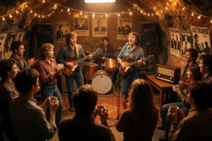 A cozy underground rock apartment concert in St. Petersburg, featuring a small stage with vintage electric guitars, a drum set, and a vocalist singing passionately under warm amber lighting. The audience, dressed in 1980s Soviet-era casual wear, sways and claps, some holding cups of tea. Posters of Leningrad rock bands like Kino and Aquarium adorn the brick walls. Strings of fairy lights hang from the ceiling, and a Soviet-era radio sits on a wooden table nearby. The atmosphere is intimate, nost
