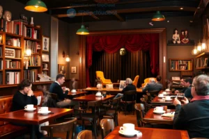 A cozy art café interior with wooden tables, bookshelves filled with books, steaming coffee cups, and a small stage with theatrical props like masks and curtains, warm ambient lighting, patrons enjoying drinks and reading, a festive atmosphere suggesting a beloved performance has returned