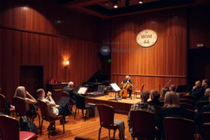 A cozy concert hall interior in Saint Petersburg, warm lighting, wooden stage with musical instruments, audience seated in vintage chairs, subtle Cyrillic text 'Дом 44' on a wall plaque, autumn evening atmosphere, soft shadows, no visible text on instruments or seats