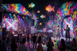 A vibrant multi-genre festival scene titled 'Fish Fabrique Nouvelle: Мультижанровый фестиваль «Сбой конв»', featuring eclectic stages with live music, digital art installations, avant-garde fashion performers, and diverse crowds dancing under colorful neon lights and abstract projections. The atmosphere blends cyberpunk, surrealism, and street art elements with floating fish-shaped lanterns and glitch-art visuals. No text, letters, or digits visible in the image.