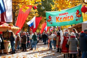 FestBaza: Ура, анонс осенней Аксио! A vibrant autumn festival scene with colorful banners, traditional Russian folk decorations, people in festive clothing enjoying food stalls, live music, and a large banner reading 'Осенняя Аксио' in Cyrillic, golden leaves falling, warm sunlight, joyful atmosphere