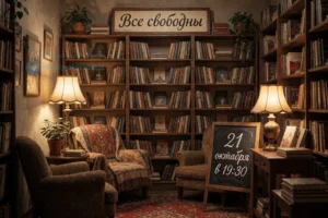 Книжный магазин "Все свободны": 21 октября в 19:30 презентацию книги Джона Берроуза «Знаки и сезоны», вышедшей в издательстве talweg ✨ A cozy, warmly lit independent bookstore named 'Все свободны' (All Free) with wooden shelves filled with books, a small reading nook with armchairs, soft ambient lighting from vintage lamps, and a chalkboard sign displaying the event time '21 октября в 19:30' in elegant Cyrillic script, subtle shadows and depth, inviting atmosphere, no text on books or signs except the event time on the chalkboard