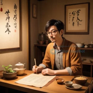 A stylized illustration of a Japanese man in his 40s with short dark hair and glasses, wearing a casual button-up shirt, sitting at a small wooden table in a cozy, dimly lit izakaya-style kitchen, holding a steaming bowl of ramen with chopsticks, steam rising gently, surrounded by subtle details like a hanging paper lantern, a small potted plant, and a wall with faint Japanese calligraphy; warm amber lighting, soft shadows, intimate atmosphere