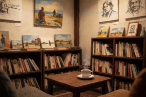 A cozy interior of an art cafe featuring bookshelves filled with books, a small wooden coffee table with a steaming cup of coffee, artistic paintings or sketches on the walls, warm ambient lighting, and a relaxed, inviting atmosphere