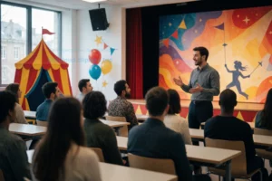 A modern lecture hall in a cultural quarter, with a presenter speaking about Nouveau Cirque, surrounded by an audience of diverse people. The setting includes subtle circus-themed decorations such as a small tent silhouette, bright colors, and a stage backdrop featuring abstract circus imagery. Natural lighting and a slightly cinematic depth of field give the scene a lively yet intellectual atmosphere.