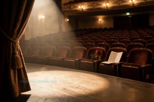 A theater stage with a curtain about to rise, soft spotlight on the empty stage, elegant velvet seats in the background, subtle signs of anticipation like a single rose on a seat and a program booklet open, warm golden lighting, cinematic atmosphere, no text or letters visible