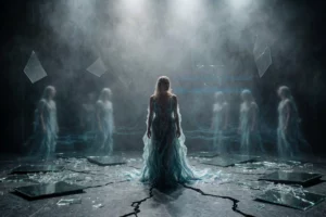 A dramatic theater scene inspired by 'Undine' and post-traumatic theater, featuring a lone female figure in a flowing, water-like costume standing on a cracked, dimly lit stage surrounded by shattered mirrors and faint ghostly silhouettes of drowned figures in the background, soft volumetric lighting from above, emotional intensity, surreal and poetic atmosphere, no text or symbols