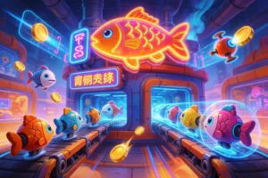 A vibrant, futuristic fish-themed factory with glowing neon signs, conveyor belts carrying colorful fish-shaped robots, and playful digital game elements like floating coins and power-ups, set in a stylized sci-fi arcade environment with dynamic lighting and energetic atmosphere